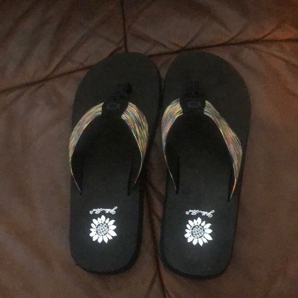 multi coloured flip flops